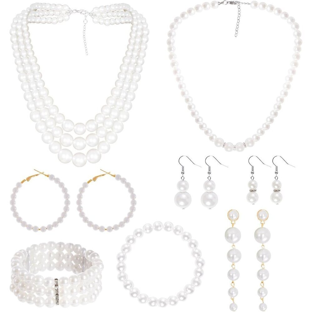 Pearl Necklace Bracelet Earrings Set Faux Pearl Rhinestone for Women